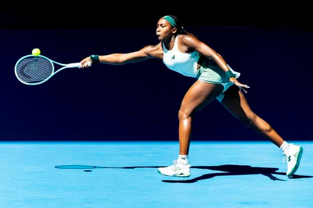MELBOURNE, VIC - JANUARY 21: Coco Gauff of the United States of America in action during the Quarterfinals of the 2025 Australian Open on January 21 2025, at Melbourne Park in Melbourne, Australia. (Photo by Jason Heidrich Icon Sportswire) TENNIS: JAN 21 Australian Open EDITORIAL USE ONLY Icon250121041