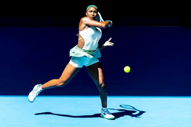 MELBOURNE, VIC - JANUARY 21: Coco Gauff of the United States of America in action during the Quarterfinals of the 2025 Australian Open on January 21 2025, at Melbourne Park in Melbourne, Australia. (Photo by Jason Heidrich Icon Sportswire) TENNIS: JAN 21 Australian Open EDITORIAL USE ONLY Icon250121046