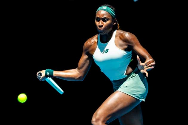 MELBOURNE, VIC - JANUARY 21: Coco Gauff of the United States of America in action during the Quarterfinals of the 2025 Australian Open on January 21 2025, at Melbourne Park in Melbourne, Australia. (Photo by Jason Heidrich Icon Sportswire) TENNIS: JAN 21 Australian Open EDITORIAL USE ONLY Icon250121054