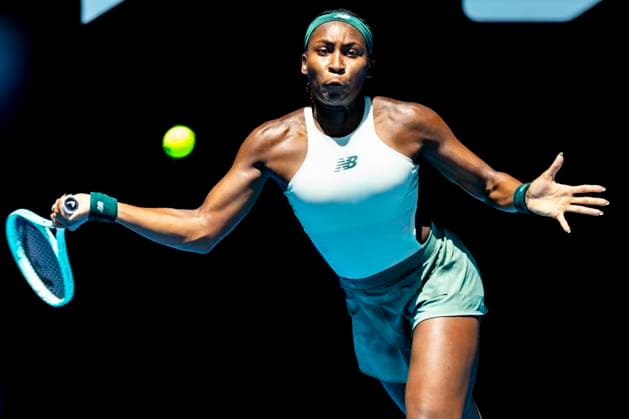 MELBOURNE, VIC - JANUARY 21: Coco Gauff of the United States of America in action during the Quarterfinals of the 2025 Australian Open on January 21 2025, at Melbourne Park in Melbourne, Australia. (Photo by Jason Heidrich Icon Sportswire) TENNIS: JAN 21 Australian Open EDITORIAL USE ONLY Icon250121056