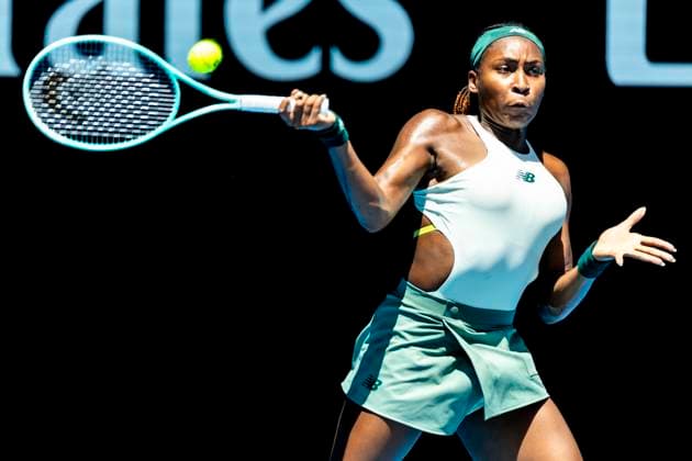 MELBOURNE, VIC - JANUARY 21: Coco Gauff of the United States of America in action during the Quarterfinals of the 2025 Australian Open on January 21 2025, at Melbourne Park in Melbourne, Australia. (Photo by Jason Heidrich Icon Sportswire) TENNIS: JAN 21 Australian Open EDITORIAL USE ONLY Icon250121057