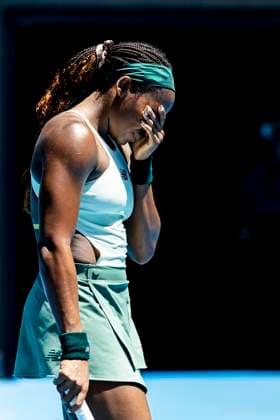 MELBOURNE, VIC - JANUARY 21: Coco Gauff of the United States of America shows her frustration during the Quarterfinals of the 2025 Australian Open on January 21 2025, at Melbourne Park in Melbourne, Australia. (Photo by Jason Heidrich Icon Sportswire) TENNIS: JAN 21 Australian Open EDITORIAL USE ONLY Icon250121058