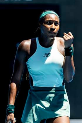 MELBOURNE, VIC - JANUARY 21: Coco Gauff of the United States of America celebrates during the Quarterfinals of the 2025 Australian Open on January 21 2025, at Melbourne Park in Melbourne, Australia. (Photo by Jason Heidrich Icon Sportswire) TENNIS: JAN 21 Australian Open EDITORIAL USE ONLY Icon250121060