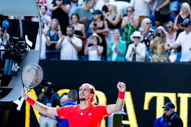 MELBOURNE, VIC - JANUARY 21: Alexander Zverev of Germany celebrates after winning his match in the Quarterfinals of the 2025 Australian Open on January 21 2025, at Melbourne Park in Melbourne, Australia. (Photo by Jason Heidrich Icon Sportswire) TENNIS: JAN 21 Australian Open EDITORIAL USE ONLY Icon250121142