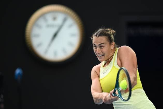 TENNIS AUSTRALIAN OPEN, Aryna Sabalenka of Belarus during her 1 4 final match against Anastasia Pavlyuchenkova of Russia during the 2025 Australian Open at Melbourne Park in Melbourne, Tuesday, January 21, 2025. ( NO ARCHIVING, EDITORIAL USE ONLY, NO USE IN BOOKS WITHOUT CONSENT MELBOURNE VICTORIA AUSTRALIA  Copyright: xJOELxCARRETTx 20250121122980583680