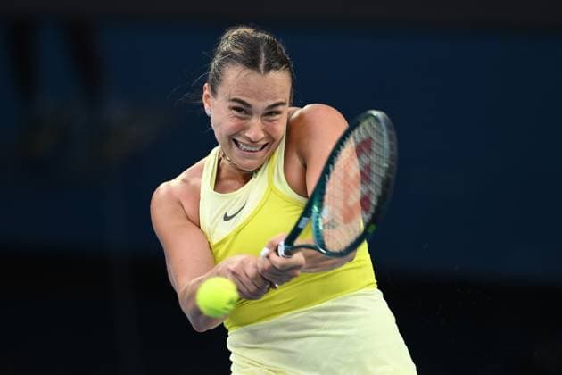TENNIS AUSTRALIAN OPEN, Aryna Sabalenka of Belarus during her 1 4 final match against Anastasia Pavlyuchenkova of Russia during the 2025 Australian Open at Melbourne Park in Melbourne, Tuesday, January 21, 2025. ( NO ARCHIVING, EDITORIAL USE ONLY, NO USE IN BOOKS WITHOUT CONSENT MELBOURNE VICTORIA AUSTRALIA  Copyright: xJOELxCARRETTx 20250121166528428688