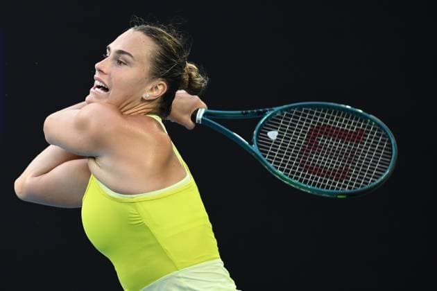TENNIS AUSTRALIAN OPEN, Aryna Sabalenka of Belarus during her 1 4 final match against Anastasia Pavlyuchenkova of Russia during the 2025 Australian Open at Melbourne Park in Melbourne, Tuesday, January 21, 2025. ( NO ARCHIVING, EDITORIAL USE ONLY, NO USE IN BOOKS WITHOUT CONSENT MELBOURNE VICTORIA AUSTRALIA  Copyright: xJOELxCARRETTx 20250121196928461573