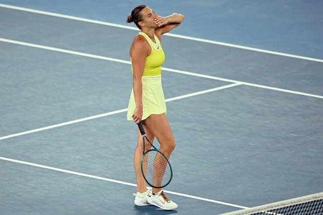 TENNIS AUSTRALIAN OPEN, Aryna Sabalenka of Belarus reacts during her 1 4 final match against Anastasia Pavlyuchenkova of Russia during the 2025 Australian Open at Melbourne Park in Melbourne, Tuesday, January 21, 2025. ( NO ARCHIVING, EDITORIAL USE ONLY, NO USE IN BOOKS WITHOUT CONSENT MELBOURNE VICTORIA AUSTRALIA  Copyright: xLUKASxCOCHx 20250121186957580780