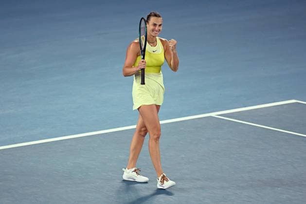 TENNIS AUSTRALIAN OPEN, Aryna Sabalenka of Belarus reacts during her 1 4 final match against Anastasia Pavlyuchenkova of Russia during the 2025 Australian Open at Melbourne Park in Melbourne, Tuesday, January 21, 2025. ( NO ARCHIVING, EDITORIAL USE ONLY, NO USE IN BOOKS WITHOUT CONSENT MELBOURNE VICTORIA AUSTRALIA  Copyright: xLUKASxCOCHx 20250121147492929922