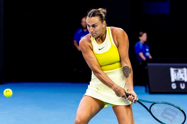 MELBOURNE, VIC - JANUARY 21: Aryna Sabalenka of Belarus in action during the Quarterfinals of the 2025 Australian Open on January 21 2025, at Melbourne Park in Melbourne, Australia. (Photo by Jason Heidrich Icon Sportswire) TENNIS: JAN 21 Australian Open EDITORIAL USE ONLY Icon250121159