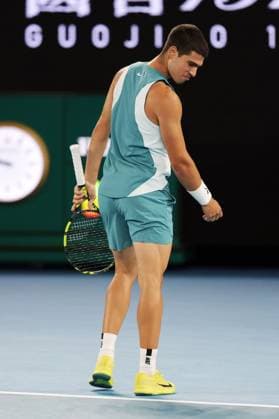 Carlos Alcaraz reacts during his Quarter-final match against Djokovic in the Rod Laver Arena Australian Open, Day Ten, Tennis, Melbourne Park, Melbourne, Australia - 21 Jan 2025  Copyright: xRachelxBach Shutterstockx 15108797ea