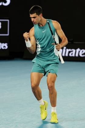 Carlos Alcaraz celebrates during his Quarter-final match against Djokovic in the Rod Laver Arena Australian Open, Day Ten, Tennis, Melbourne Park, Melbourne, Australia - 21 Jan 2025  Copyright: xRachelxBach Shutterstockx 15108797ef