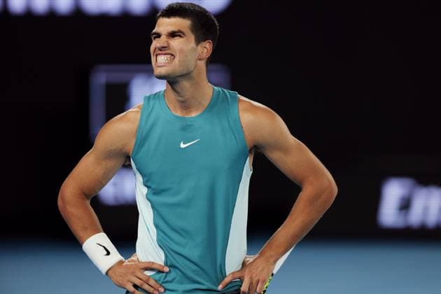 Carlos Alcaraz reacts during his Quarter-final match against Djokovic in the Rod Laver Arena Australian Open, Day Ten, Tennis, Melbourne Park, Melbourne, Australia - 21 Jan 2025  Copyright: xRachelxBach Shutterstockx 15108797er