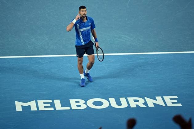 TENNIS AUSTRALIAN OPEN, Novak Djokovic of Serbia reacts during his 1 4 final match against Carlos Alcaraz of Spain during the 2025 Australian Open at Melbourne Park in Melbourne, Tuesday, January 21, 2025. NO ARCHIVING, EDITORIAL USE ONLY, NO USE IN BOOKS WITHOUT CONSENT MELBOURNE VICTORIA AUSTRALIA  Copyright: xLUKASxCOCHx 20250121127797131680