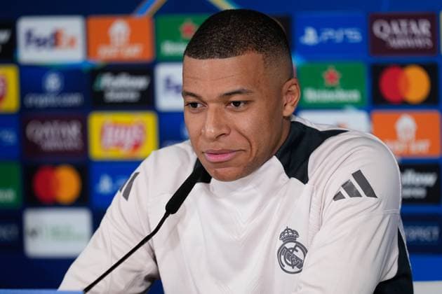 January 21, 2025, Valdebebas, Madrid, SPAIN: Kylian Mbappe attends his press conference, PK, Pressekonferenz during the training day of Real Madrid ahead the UEFA Champions League, football match against RB Salzburg at Ciudad Deportiva Real Madrid on January 21, 2025, in Valdebebas, Madrid, Spain. Valdebebas SPAIN - ZUMAa181 20250121_zaa_a181_031 Copyright: xOscarxJ.xBarrosox
