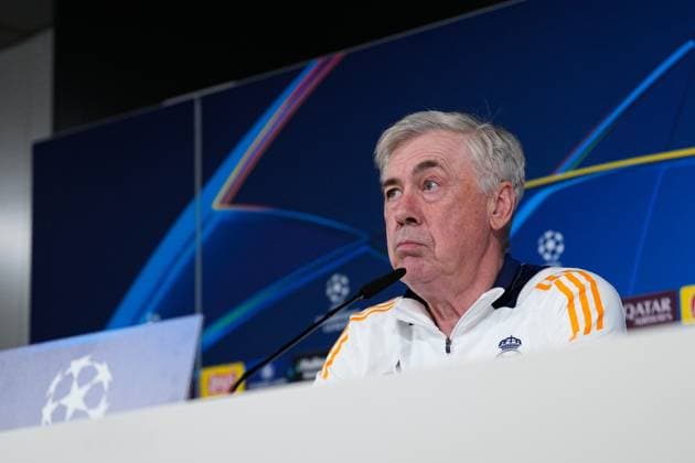 January 21, 2025, Valdebebas, Madrid, SPAIN: Carlo Ancelotti attends his press conference, PK, Pressekonferenz during the training day of Real Madrid ahead the UEFA Champions League, football match against RB Salzburg at Ciudad Deportiva Real Madrid on January 21, 2025, in Valdebebas, Madrid, Spain. Valdebebas SPAIN - ZUMAa181 20250121_zaa_a181_037 Copyright: xOscarxJ.xBarrosox