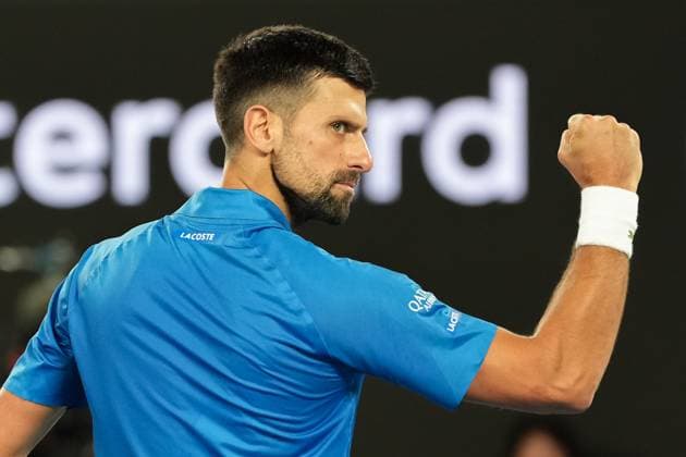 January 21, 2025: 7th seed NOVAK DJOKOVIC of Serbia reacts after winning a point against 3rd seed CARLOS ALCARAZ of Spain on Rod Laver Arena in a Men s Singles Quarterfinals match on day 11 of the 2025 Australian Open in Melbourne, Australia. Cal Media Melbourne Australia - ZUMAc04_ 20250121_faf_c04_007 Copyright: xSydneyxLowx
