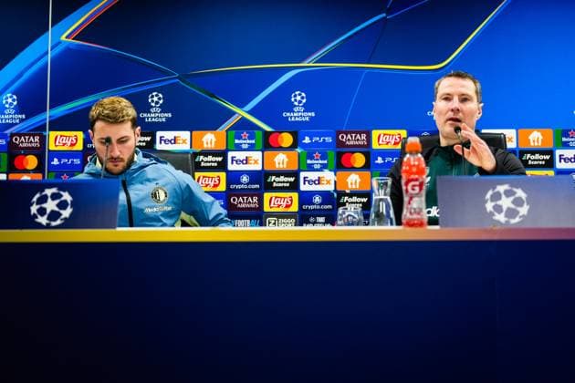Champions League 2024-2025: press conference, PK, Pressekonferenz of Feyenoord Rotterdam - Santiago Gimenez of Feyenoord and Feyenoord coach Brian Priske during the press conference of Feyenoord in preparation of the Champions League duel against FC Bayern Munich at Stadion Feijenoord De Kuip on 21 January 2025 in Rotterdam, The Netherlands. Copyright: xYannickxVerhoevenx