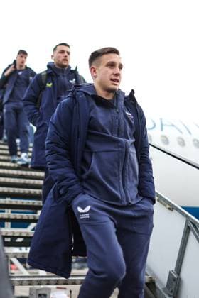 Dinamo Zagreb arrive in London Lukas Kacavenda of Dinamo Zagreb leave a plane at Stansted Airport on January 21, 2025. in London, England. Dinamo Zagreb will play against Arsenal in the UEFA Champions League.  LukaxStanzl PIXSELL