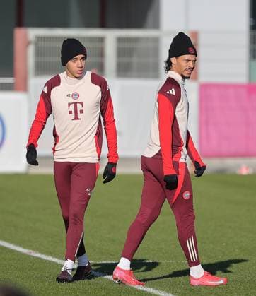 21 01 2025, Champions League FC Bayern final training, Saebenerstrasse Muenchen, Soccer, Sports, in the picture Jamal Musiala FC Bayern Muenchen and Leroy Sane FC Bayern Muenchen