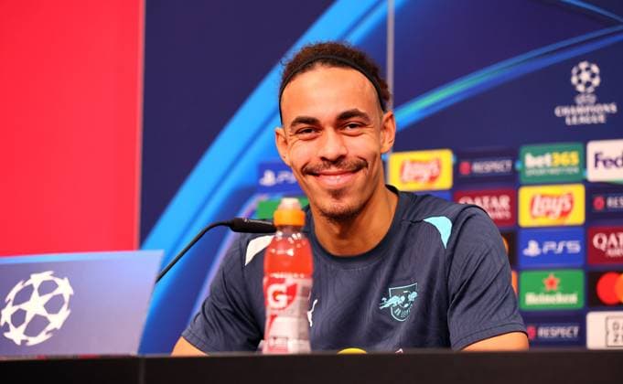 Leipzig, 21 01 2025, RB Leipzig Academy, Football Champions League, RB LEIPZIG PK before tomorrows match against Sporting Lisbon , In the picture Yussuf Yurary Poulsen player of RB Leipzig For editorial use only Only editorial use , Picture Point