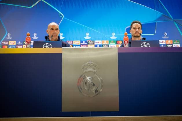 SOCCER - UEFA CL, Madrid vs RBS MADRID,SPAIN,21.JAN.25 - SOCCER - UEFA Champions League, Real Madrid CF vs Red Bull Salzburg, preview, press conference, PK, Pressekonferenz RBS. Image shows head coach Thomas Letsch and Janis Blaswich (RBS).  GEPAxpictures xFelipexMondino