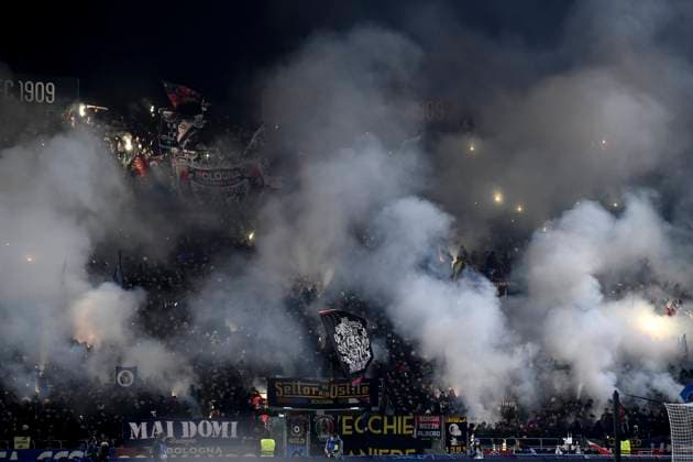 Bologna fans cheer on during the Champions League football match between Bologna FC and Borussia Dortmund at Renato Dall Ara stadium in Bologna (Italy), January 21, 2025. andreaxstaccioli
