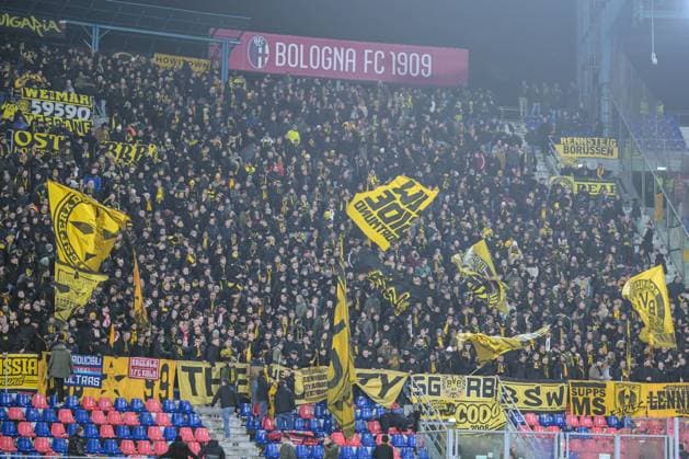 Borussia Dortmund supporters during Bologna FC vs Borussia Dortmund, UEFA Champions League football match in Bologna, Italy, January 21 2025  Copyright: xAlessioxMarini IPAxSportx xipa-agency.netx xx IPA_53200722 IPA_Agency_IPA53200722