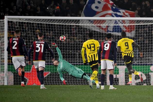 Serhou Guirassy of Borussia Dortmund scores on penalty the goal of 0-1 during the Champions League football match between Bologna FC and Borussia Dortmund at Renato Dall Ara stadium in Bologna (Italy), January 21, 2025. andreaxstaccioli