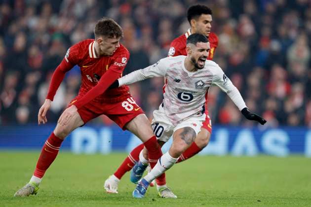 Liverpool FC v LOSC Lille - UEFA Champions League 2024 25 League Phase MD7 Conor Bradley of Liverpool and Remy Cabella of LOSC Lille challenge during the UEFA Champions League 2024 25 League Phase MD7 match between Liverpool FC and LOSC Lille at Anfield on January 21, 2025 in Liverpool, England. Liverpool Anfield England United Kingdom Copyright: xRichardxSellers Sportsphoto APLx 14057449