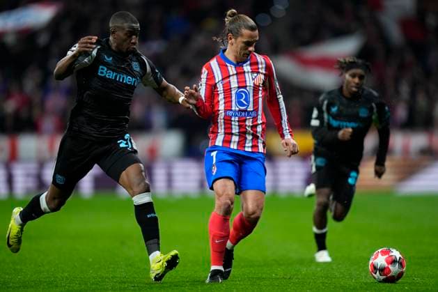 Champions League 2024 25 League match between Atletico de Madrid and Bayer Leverkusen Antoine Griezmann of Atletico de Madrid and Nordi Mukiele of Bayer Leverkusen during the UEFA Champions League 2024 25 League match between Atletico de Madrid and Bayer Leverkusen at Riyadh Air Metropolitano on December 11, 2024 in Madrid, Spain MadridSpain  Copyright: xx