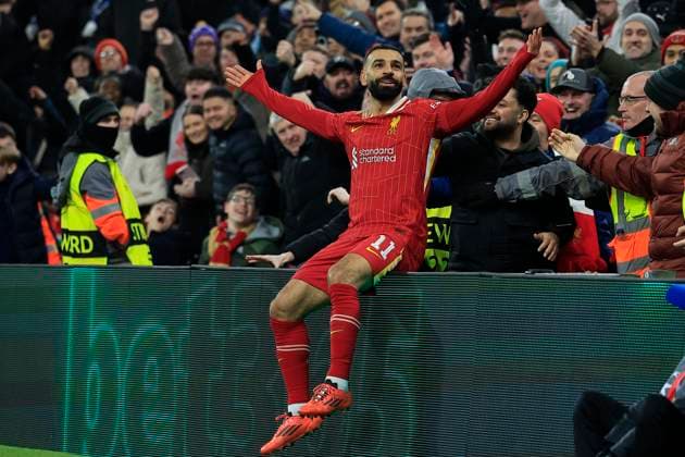Liverpool v Lille OSC Champions League 21 01 2025. Mohamed Salah (11) of Liverpool celebrates scoring to make it 1-0 during the Champions League match between Liverpool and Lille OSC at Anfield, Liverpool, England on 21 January 2025. Liverpool Anfield Merseyside England Editorial use only , Copyright: xConorxMolloyx PSI-21296-0020