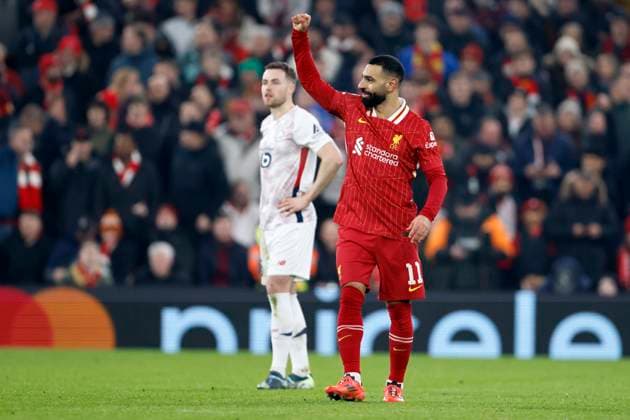 Liverpool FC v LOSC Lille - UEFA Champions League 2024 25 League Phase MD7 Mohamed Salah of Liverpool celebrates 1st goal during the UEFA Champions League 2024 25 League Phase MD7 match between Liverpool FC and LOSC Lille at Anfield on January 21, 2025 in Liverpool, England. Liverpool Anfield England United Kingdom Copyright: xRichardxSellers Sportsphoto APLx 14057453