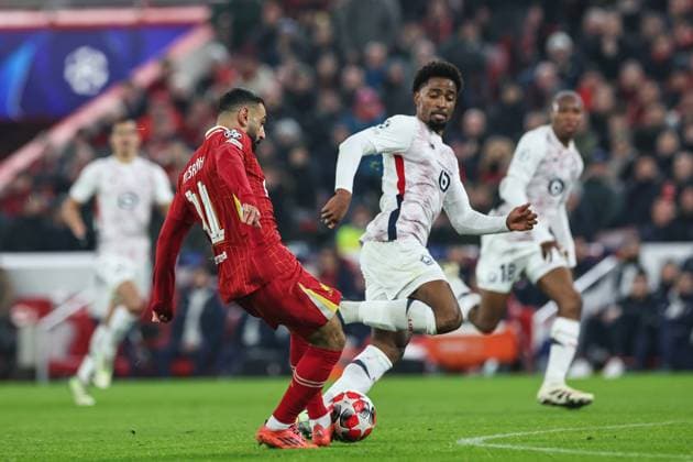 UEFA Champions League - League Stage Liverpool v Lille Mohamed Salah of Liverpool scores to make it 1-0 during the UEFA Champions League - League Stage Liverpool v Lille at Anfield, Liverpool, United Kingdom, 21st January 2025 (Photo by Mark Cosgrove News Images) Copyright: xMarkxCosgrove NewsxImagesx