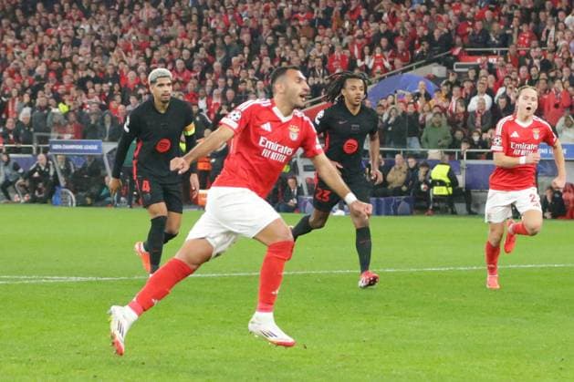 Portugal, Estadio do SL Benfica Lisbon 21 January 2025 Uefa Champions League phase 2024 25 Matchday 7, S L Benfica FC Barcelona v l Evangelos Pavlidis SL Benfica scores the goal to make it 3 1 Copyright: HMBxMedia FernandoxSoares
