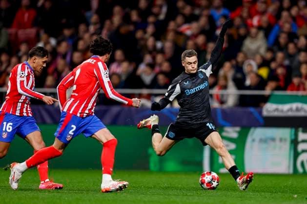 Florian Wirtz Bayer 04 Leverkusen and Jose Maria Gimenez Atletico Madrid battle for the ball during the UEFA Champions League 2024 25 League Phase MD7 match between Atletico de Madrid and Bayer 04 Leverkusen at Estadio Civitas Metropolitano on January 21, 2025 in Madrid, Spain Photo by Manu Reino DeFodi Images Defodi 071 ATMLEV20250121 057 Defodi-071