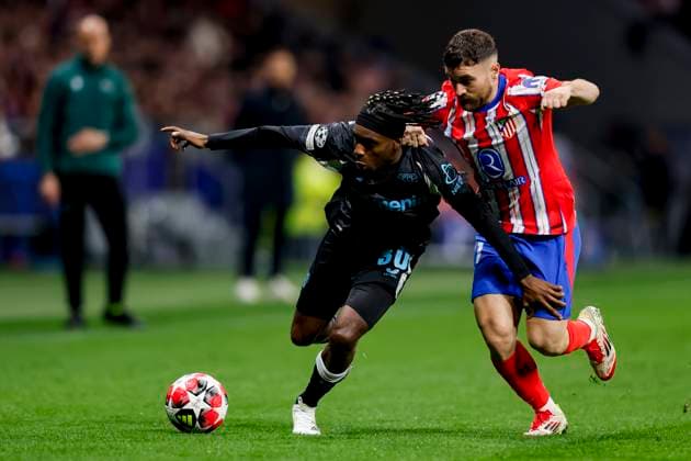 Jeremie Frimpong Bayer 04 Leverkusen and Javi Galan Atletico Madrid battle for the ball during the UEFA Champions League 2024 25 League Phase MD7 match between Atletico de Madrid and Bayer 04 Leverkusen at Estadio Civitas Metropolitano on January 21, 2025 in Madrid, Spain Photo by Manu Reino DeFodi Images Defodi 071 ATMLEV20250121 047 Defodi-071