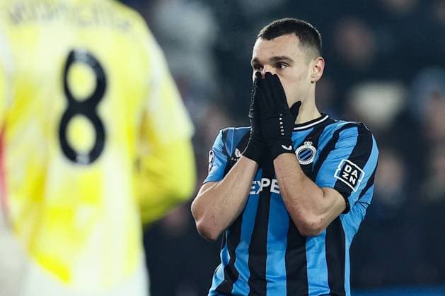 Club s Ferran Jutgla reacts during a soccer game between Belgian Club Brugge KV and Italian club Juventus, Tuesday 21 January 2025 in Brugge, on the seventh day (out of 8) of the UEFA Champions League league phase. BRUNOxFAHY  x110886739x