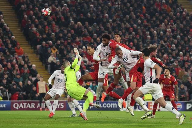 Jarell Quansah of Liverpool has a chance on goal. Liverpool v Lille, UEFA Champions League, Group Stage, Football, Anfield, Liverpool, UK - 21 Jan 2025 EDITORIAL USE ONLY No use with unauthorised audio, video, data, fixture lists, club league logos or live services. Online in-match use limited to 120 images, no video emulation. No use in betting, games or single club league player publications.  Copyright: xPaulxCurrie Shutterstockx 15108882ah