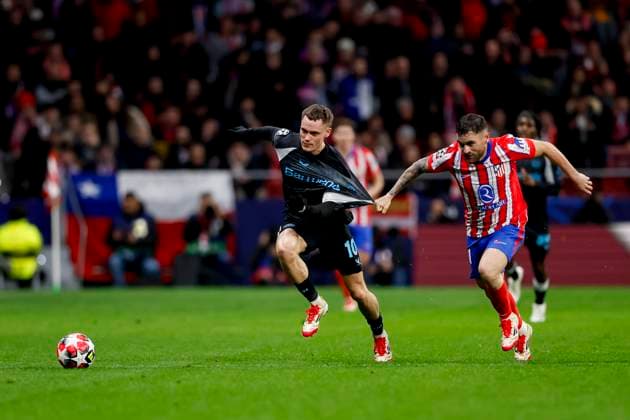 Florian Wirtz Bayer 04 Leverkusen and Javi Galan Atletico Madrid battle for the ball during the UEFA Champions League 2024 25 League Phase MD7 match between Atletico de Madrid and Bayer 04 Leverkusen at Estadio Civitas Metropolitano on January 21, 2025 in Madrid, Spain Photo by Manu Reino DeFodi Images Defodi 071 ATMLEV20250121 089 Defodi-071