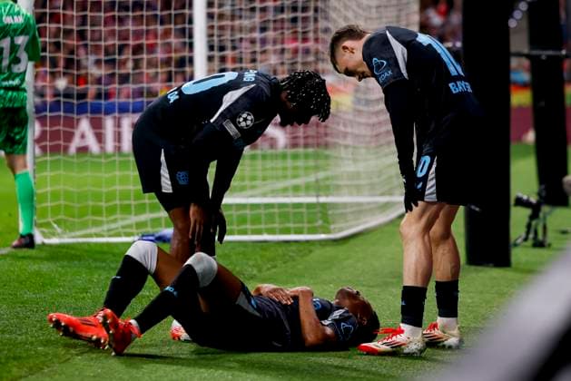 Nathan Tella Bayer 04 Leverkusen on the ground during the UEFA Champions League 2024 25 League Phase MD7 match between Atletico de Madrid and Bayer 04 Leverkusen at Estadio Civitas Metropolitano on January 21, 2025 in Madrid, Spain Photo by Manu Reino DeFodi Images Defodi 071 ATMLEV20250121 117 Defodi-071