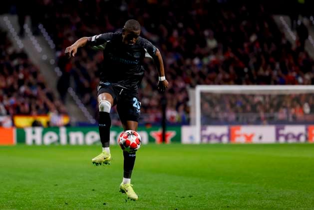 Nordi Mukiele Bayer 04 Leverkusen controls the ball during the UEFA Champions League 2024 25 League Phase MD7 match between Atletico de Madrid and Bayer 04 Leverkusen at Estadio Civitas Metropolitano on January 21, 2025 in Madrid, Spain Photo by Manu Reino DeFodi Images Defodi 071 ATMLEV20250121 121 Defodi-071