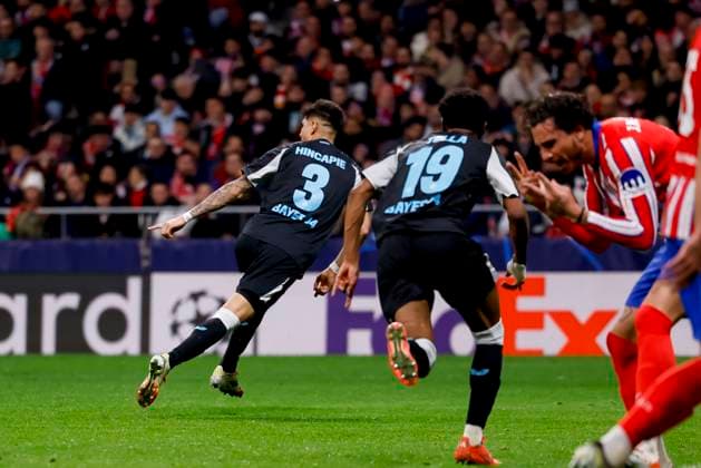 Piero HincapiÃ Bayer 04 Leverkusen celebrates after scoring his team s first goal during the UEFA Champions League 2024 25 League Phase MD7 match between Atletico de Madrid and Bayer 04 Leverkusen at Estadio Civitas Metropolitano on January 21, 2025 in Madrid, Spain Photo by Manu Reino DeFodi Images Defodi 071 ATMLEV20250121 123 Defodi-071