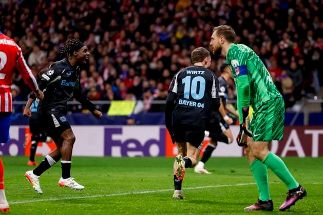 Jeremie Frimpong Bayer 04 Leverkusen and Florian Wirtz Bayer 04 Leverkusen celebrates his team s first goal during the UEFA Champions League 2024 25 League Phase MD7 match between Atletico de Madrid and Bayer 04 Leverkusen at Estadio Civitas Metropolitano on January 21, 2025 in Madrid, Spain Photo by Manu Reino DeFodi Images Defodi 071 ATMLEV20250121 124 Defodi-071