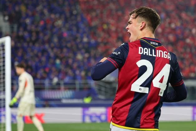 Thijs Dallinga of Bologna FC celebrates after scoring the goal of 1-1 during the Champions League football match between Bologna FC and Borussia Dortmund at Renato Dall Ara stadium in Bologna (Italy), January 21st, 2025. cesarexpurini