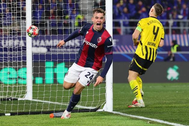 Thijs Dallinga of Bologna FC celebrates after scoring the goal of 1-1 during the Champions League football match between Bologna FC and Borussia Dortmund at Renato Dall Ara stadium in Bologna (Italy), January 21st, 2025. cesarexpurini