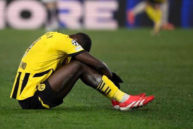Serhou Guirassy of Borussia Dortmund injured during the Champions League football match between Bologna FC and Borussia Dortmund at Renato Dall Ara stadium in Bologna (Italy), January 21, 2025. andreaxstaccioli