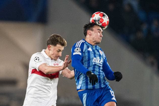 Anthony Rouault in a header battle with David Strelec during UEFA Champions league match, SK Slovan Bratislava - VFB Stuttgart , 21. january 2025, Tehelne pole Stadium, Bratislava, Slovakia Copyright: xMICHALxFAJT,ZOSPORTU.SKx FAJ_8246