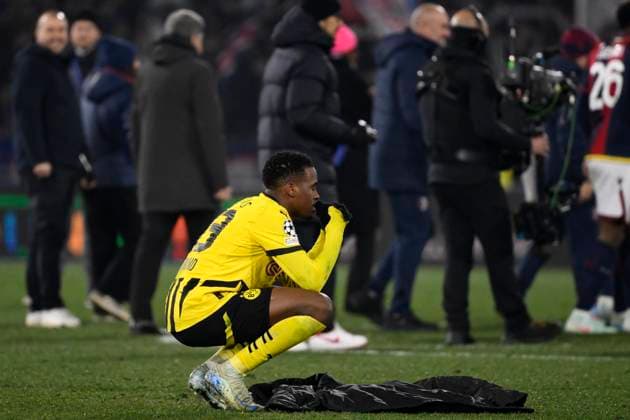 Jamie Jermaine Bynoe Gittens of Borussia Dortmund dejection at the end of the Champions League football match between Bologna FC and Borussia Dortmund at Renato Dall Ara stadium in Bologna (Italy), January 21, 2025. andreaxstaccioli