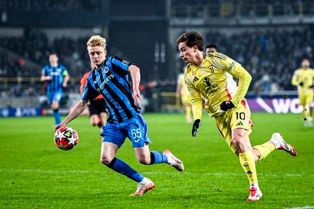 Club Brugge defender Joaquin Seys, Juventus forwarder Kenan Yildiz, during the match Club Brugge Juventus at the Jan Beydelstadium for the UEFA Champions League League phase Matchday 7 season 2024 2025 in BRUGGE, Belgium on 21 januari 2025, photo by Stefan Koops EYE4images DeFodi Images Defodi 746 209699 Defodi-746